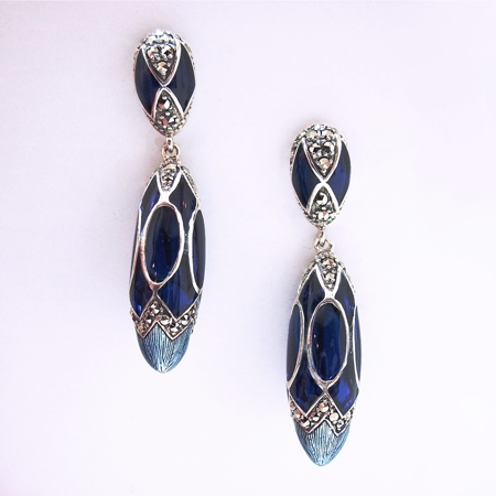 Blue Enamel Faberge Egg Earrings with Marcasite - Click Image to Close